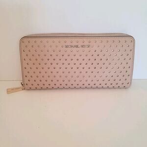 MICHAEL KORS Pink Star Leather Zip Around Wallet Large Clutch 8x4 Logo Classic